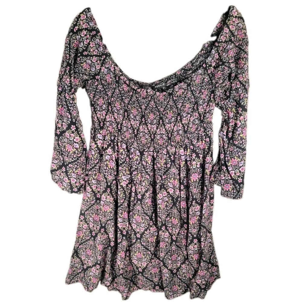 Torrid Dress 1 1X Floral Smocked Bodice 3/4 Sleeve Cottagecore Boho Rayon Black